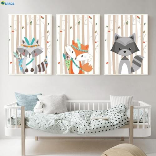 Fox Raccoon Forest tree Nursery Art Prints Nordic Posters And Prints Wall Art Canvas Painting Wall Pictures Baby kids Room Decor