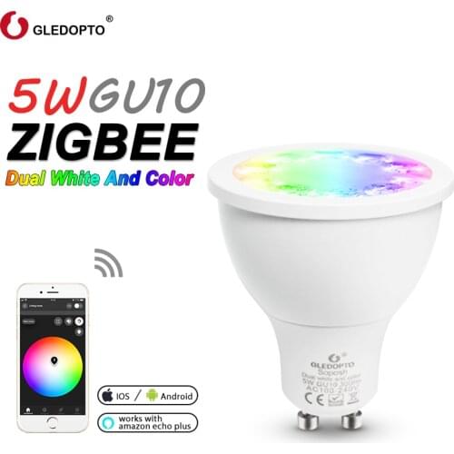 GLEDOPTO Zigbee 3.0 RGB+CCT 5W GU10 Smart Home Led Spotlight AC100-240V Dimmer Dual Light Work with Alexa Echo Plus