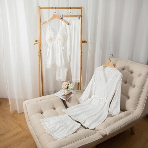 White Pajamas Set 4PCS Stripe Sexy Lace Floral Pyjamas Rayon Bride Dressing Robe Gown Shorts Nightgown&Pant Sleepwear Nightwear