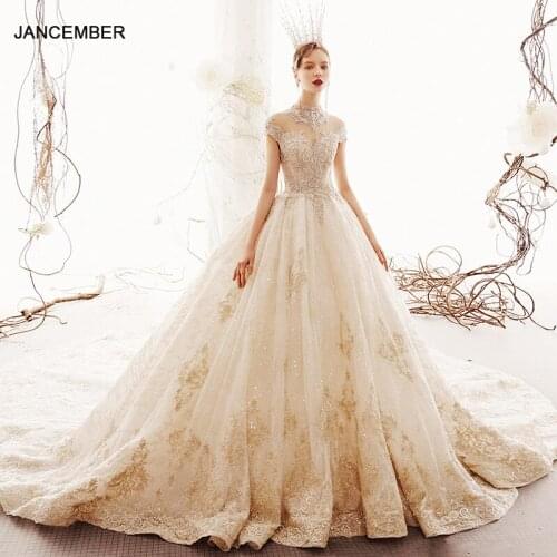 LDR20 New Champagne Turtleneck Wedding Dress Short Sleeve Flowers Print Shiny Diamond Hollow Mop Long Skirt платья свадебные