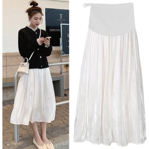 Summer Pleated Women Maternity Skirt Pregnancy Clothes Satin Silk Adjustable Maternity Skirts Loose Pregnant Midi Long Skirt