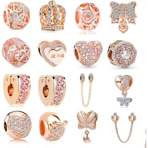NEW rose gold crown safety chain heart bead Fits Pandora Bracelet & Necklace For Women Jewelry Diy Making Gifts Special Offer