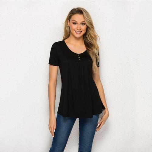 New Casual Round Neck Tops Women Summer Shirts Buttons Short Sleeve Solid Color Blouse Femme