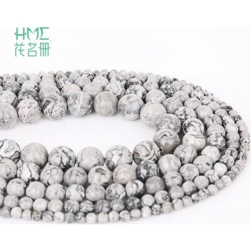 Wholesale Natural Grey Map Stone Beads Round Loose Beads 4/6/8/10/12mm For jewelry Making DIY Bracelet Necklace Strand 15