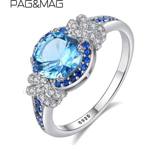 PAG&MAG 925 Sterling Silver Glitter Sapphire Ring Blur Gemstone Engagement Statement Finger Ring Anillos Jewelry SR0260