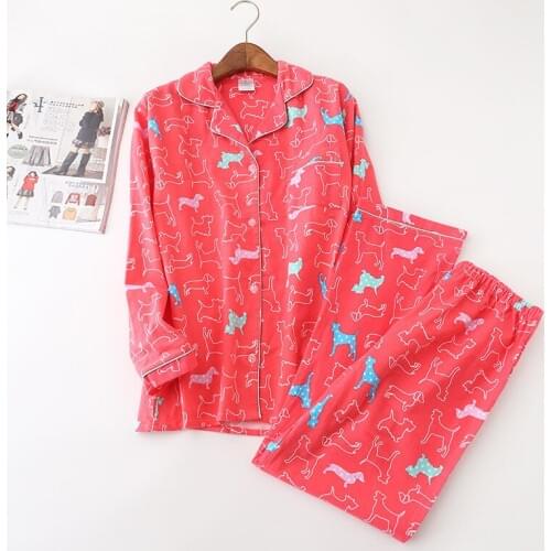 Red Ladies Spring Cotton Grinding Woolen Cloth Pyjamas Women Long Sleeve Cartoon Pijama Mujer Full Length Pajama Set Sleepwear