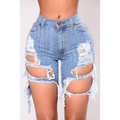 Women Summer Sexy Clothing Denim Ripped Shorts High Waist Holes Draped Destroyed Stretch Bodycon Shorts Pencil Slim Club Street