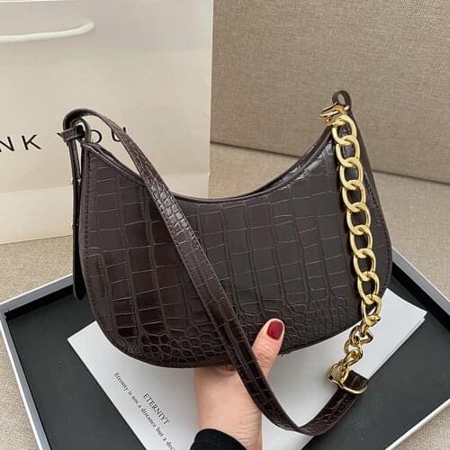 Youth Ladies Simple Versatile Bag Casual Alligator Pattern Chain Hobo Solid Leather Shoulder Underam Bag for Women