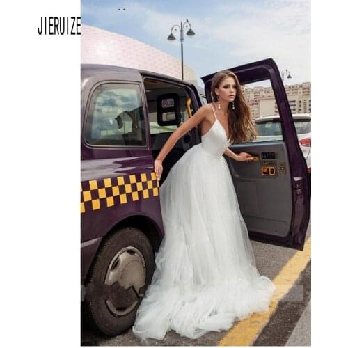 JIERUIZE 2019 New Sexy Spaghetti Straps Tulle Wedding Dresses Backless With Silk ribbon Long Wedding Gowns Bridal Gowns