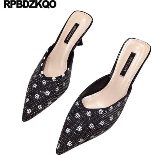 Women thin high heels black crystal medium pumps diamond rhinestone scarpin pointed toe bling wedding shoes bride polka dot