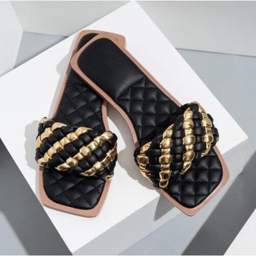 New Summer Woven Slippers Women Square Toe Flat Casual Shoes Flip Flops Beach Sandal Slipper