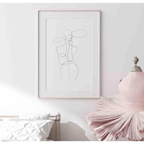 Female One Line Art Drawing Picture Nordic Canvas Painting Wall Figure Woman Body With Hat Posters and Print for Room Home Decor