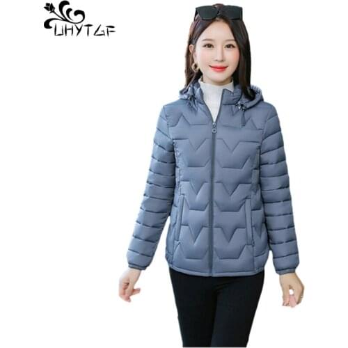 UHYTGF Down Jacket Women Top Short Cotton Coat Winter Clothes Woman Jacket Warm Wave Pattern Hooded Outerwear Mujer Chaqueta 953