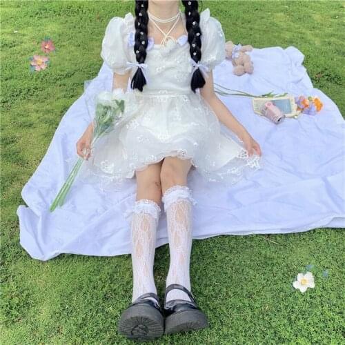 New One-Piece Soft Girl Sweet Dress Japanese Women Lolita Style White Dress Summer Korean Slim Bow Puff Sleeve Embroidered Dress