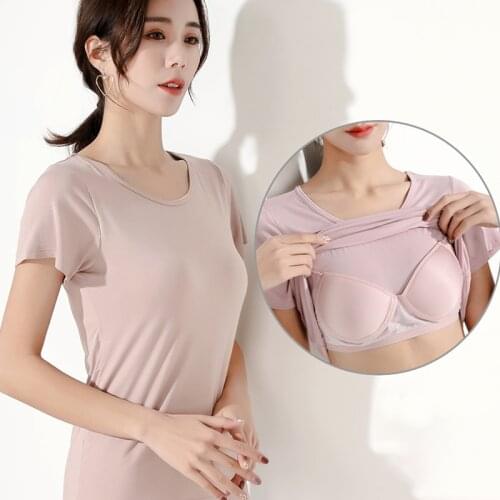 Women Underwear Short Sleeve Lingerie Chest pad Push up One-piece Basic Tank Top Solid Sleepwear Homewear