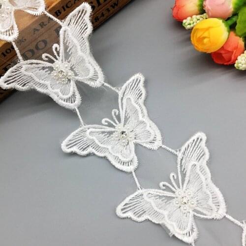 1 Yard Vintage Butterfly Rhinestone Pearl Lace Trim Embroidered Wedding Dress Ribbon Applique Trimmings Child Sewing Craft