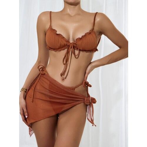 3Pcs Sexy Ladies Split Swimwear Sets Women Swimsuit Bikini with Ruffles Lace-up Panties See-through Mesh Cover Ups Bikinis Set