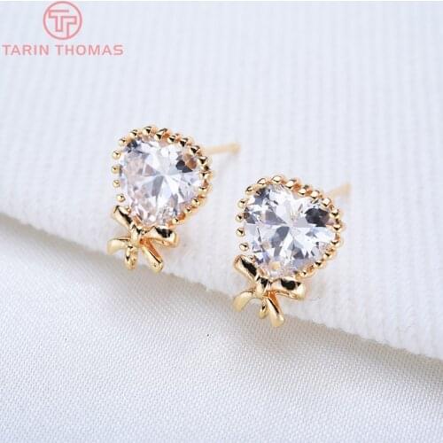 4PCS 10x13MM 24K Gold Color Plated Heart Bow with Zircon Stud Earrings High Quality DIY Jewelry Making Findings