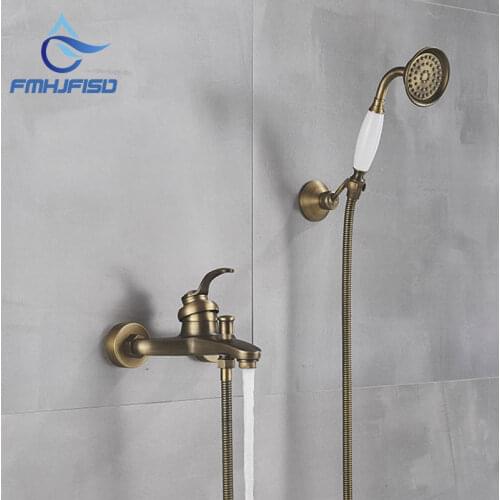 Antique Brass Wall Mount Bathtub Shower Faucet Handheld Hot Cold Mixer Crane Bath Shower Tap