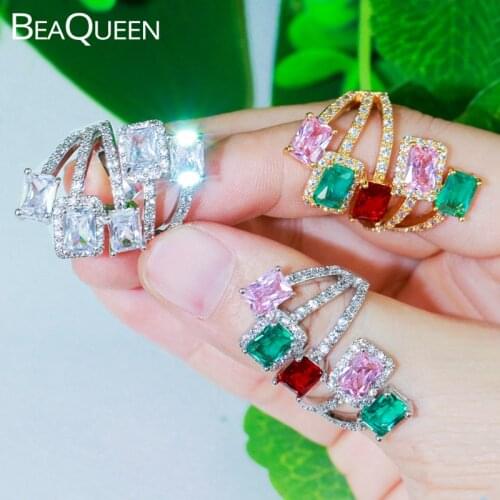 BeaQueen Noble Multicolored Square Cubic Zirconia Adjustable Size Big Open Finger Rings Bridal Wedding Jewelry for Women R112