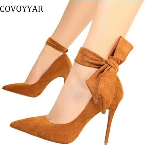 COVOYYAR 2019 Bowtie Ankle Strap Womens Pumps Spring 2 Wears Pointed Toe Stiletto High Heels Flock Party Wedding Shoes WHH626