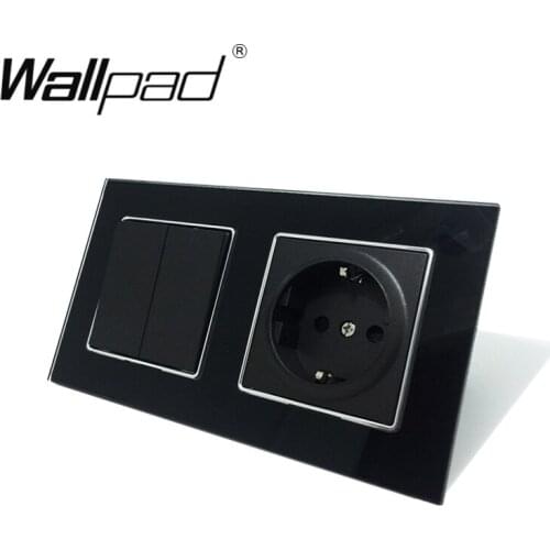 2 Gang 2 Way Light Switch and Schuko EU Wall Power Socket with Claws Wallpad Black Glass Panel for EU Box
