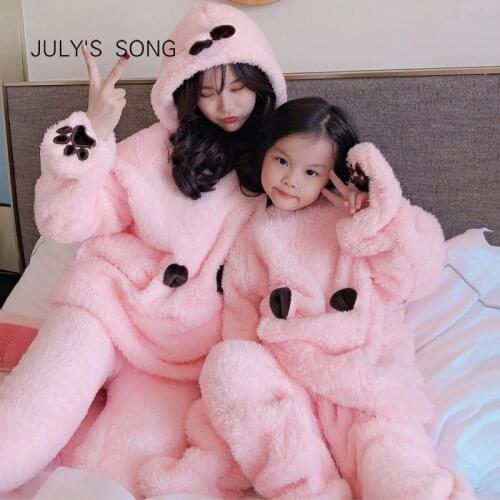 JULYS SONG Flannel Cartoon Women Pajamas Set Autumn Winter Thick Warm Girl Coral Fleece Parent-child Sleepwear Homewear