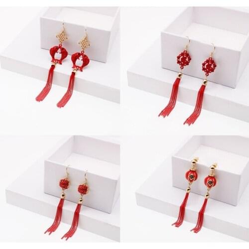 Chinese New Year Gift Red Cute Sweet Earrings Ruyi Knot Lantern Carp Long Tassel Newlywed Bride Ear Hook Female