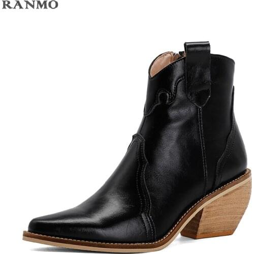 Western Ankle Boots Cowboy Women Booties Fashion Pointed Toe Shoes Female Thick Heels Cuban Leather Shoes Ladies 2020 Autumn New