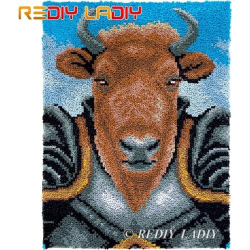 Latch Hook Rug Knight Bull Plush Tapestry Kits Crochet Cushion Mat DIY Carpet Rug Needlpoint Chunky Yarn Arts & Crafts 61*81cm