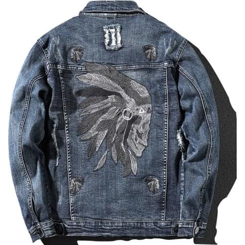 Skeleton Skull Feather Embroiderey Denim Jacket Men Streetwear Fashion Youth Personality Casual Loose Outerwear Frayed Coats
