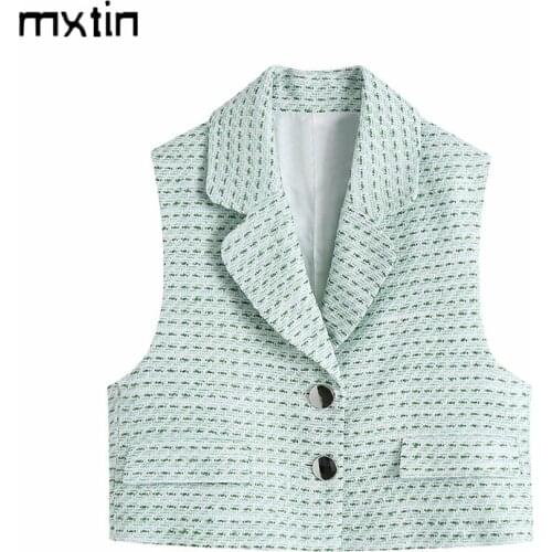 MXTIN 2021 Women Summer Fashion Tweed Pockets Tank Top Vintage Leeveless Lapel Collar Single Breasted Female Vest Chic Tops