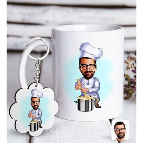 Personalized Men 'S Cook Caricature Of White mug And Keychain Gift Seti-1