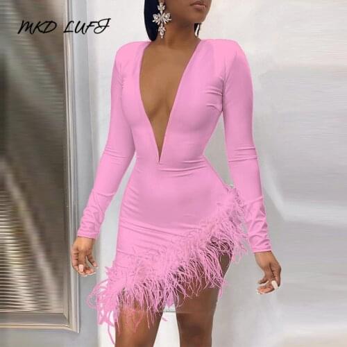 Sexy Plunge Fluffy Feather Design Irregular Party Dress Women Deep V Neck Asymmetrical Mini Club Dress