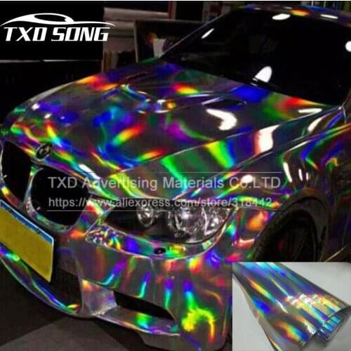 Premium Silver Laser car wrap film holographic Rainbow Sticker Car styling film black silver chrome vinyl sample Free ship