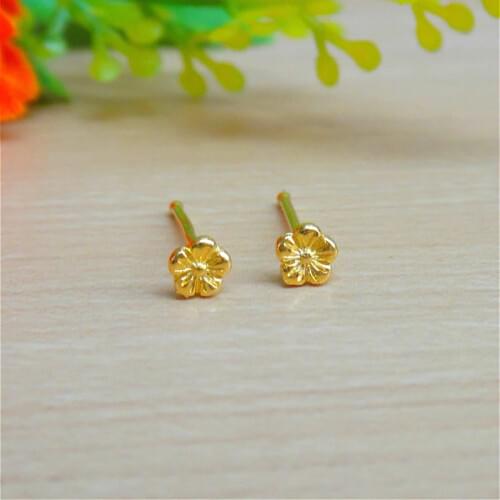 999 Real 24K Yellow Gold Earrings Women Luck Flower Stud Earrings 0.4g 3.1mmW Beauty Women Earrings