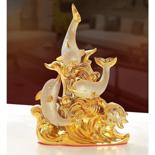 Modern Luxury Golden Dolphin Ceramic Decoration Home Livingroom Table Figurines Crafts Store Window Desktop Statue Accessories