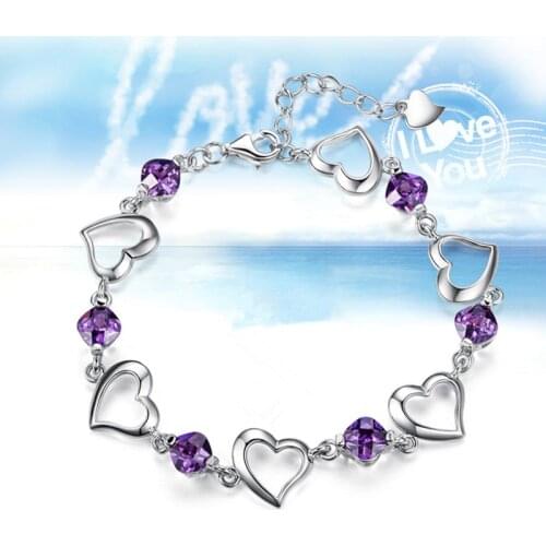 TJP Charm Purple Crystal Heart Girl Silver Bracelets Anklets Fashion 925 Silver Bracelets For Women Wedding Engagement Bijou Hot