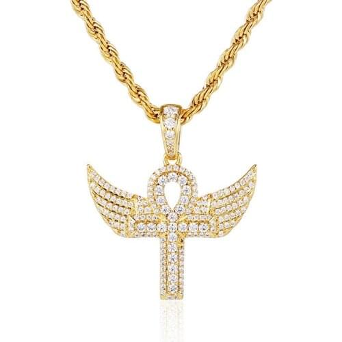 Hip Hop Cubic Zircon Egypt Ankh Cross Pendant With Angle Wings Pave Cubic Zircon Ice Out Necklace For Men Women Gift