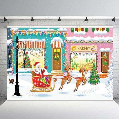 Vinyl Backdrops for Photography Street Store Window Christmas Tree Lamp Santa Clause Sled Christmas Party Photo Background Booth