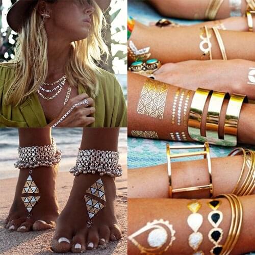 Temporary Tattoos Bronzing Tattoo Gold Silver Arm Body Tattoo Summer Beach Girl DIY Golden Fashion Bracelet Tattoos Wholesale