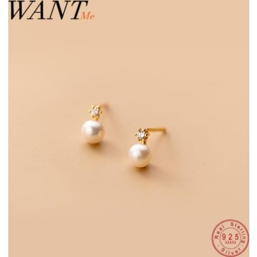WANTME Genuine 925 Sterling Silver Geometric Zircon Pearl Mini Small Stud Earrings for Women Chic Charming Korean Jewelry 2021