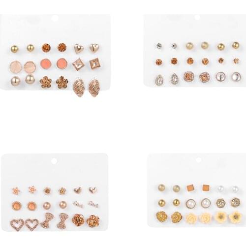 Fashion mixed resin flower golden leaf heart stud earrings for women elegant pearl rhinestone crystal wedding earrings gift