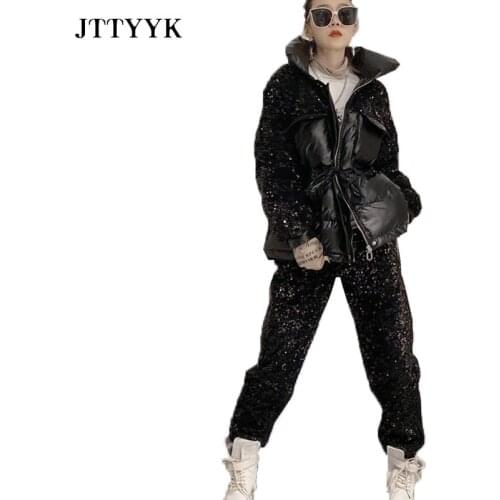 2021 Winter Fashion 2-piece Set Women’s Parka New Sequin Down Jacket + Casual Long Pants Two-piece Trend Winter Clothes Female