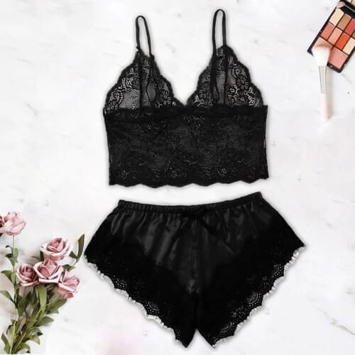 Women Sexy Pajama Set Lace Trim Cami Top And Satin Shorts Sleepwear Sets Sexy Perspective Deep V Lingerie Set Nightwear Babydoll
