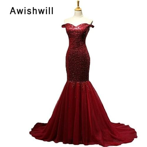 Real Picture Vestidos de Festa Longo Off the Shoulder Sequin Top Tulle Mermaid Evening Dress Prom Gowns Sexy Women Dress Party