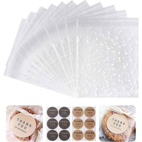 100pcs/lot Snacks Bag Self-adhesive Plastic Bags with Polka Dot Pattern Transparent DIY Stickers Storage