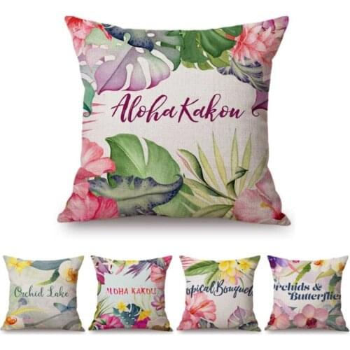18" Watercolor Tropical Floral Leaves Hawaii Bali Style Home Decorative Sofa Throw Pillow Case Cotton Linen Letter Cushion Cover