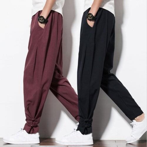 2020 Summer Mens Long Pant Cotton Linen Fashion Casual Wide Leg Pencil Pants Plus Size M-6XL Drawstring Loose Ankle-Length Pant