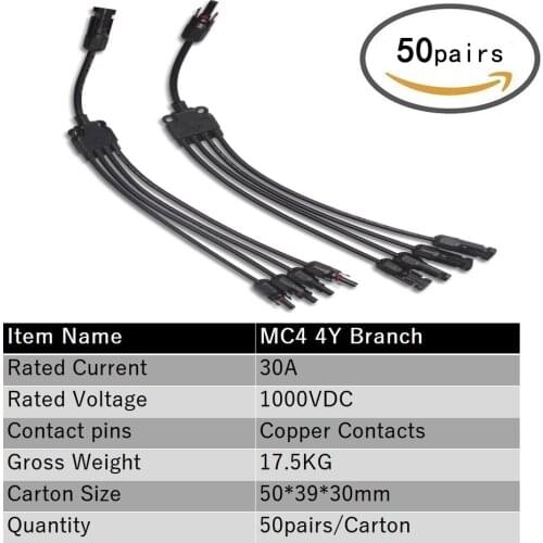 50 pairs / Carton PV Solar Style Y Branch Adapter Connectors 1 to 4 Male and Female Panel Cable Photovoltaic Connector Adapter
